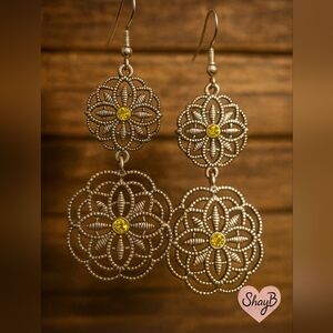 Silver Floral Drop Earrings With Yellow RHINESTONE